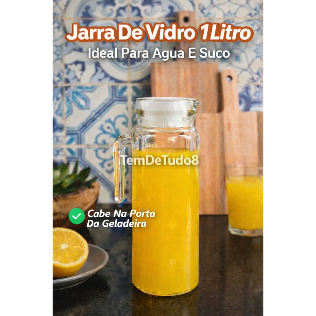 Jarra De Vidro 1 L Com Tampa E Alça Água Suco Chá Gelado Vidro Transparente Porta Da Geladeira