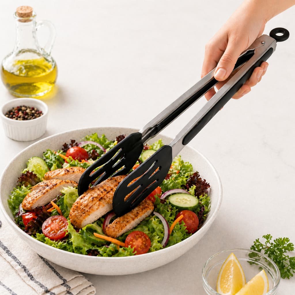 Pegador Cozinha Aço Inox Silicone 34cm Não Risca Panela Com Trava Resistente Carne Salada