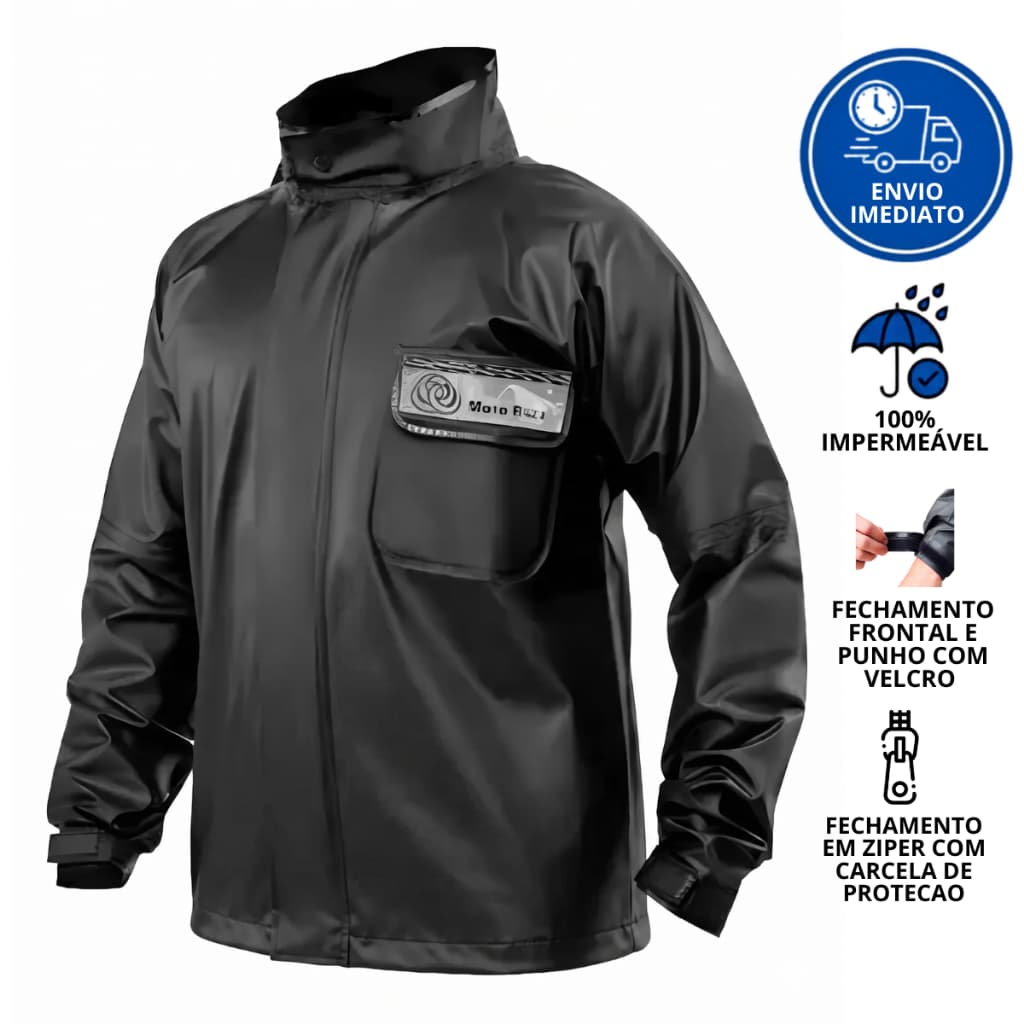 Blusão Jaqueta De Pvc Preto Impermeável Para Chuva Motoqueiro Motoboy Com Gola Proteção EPI