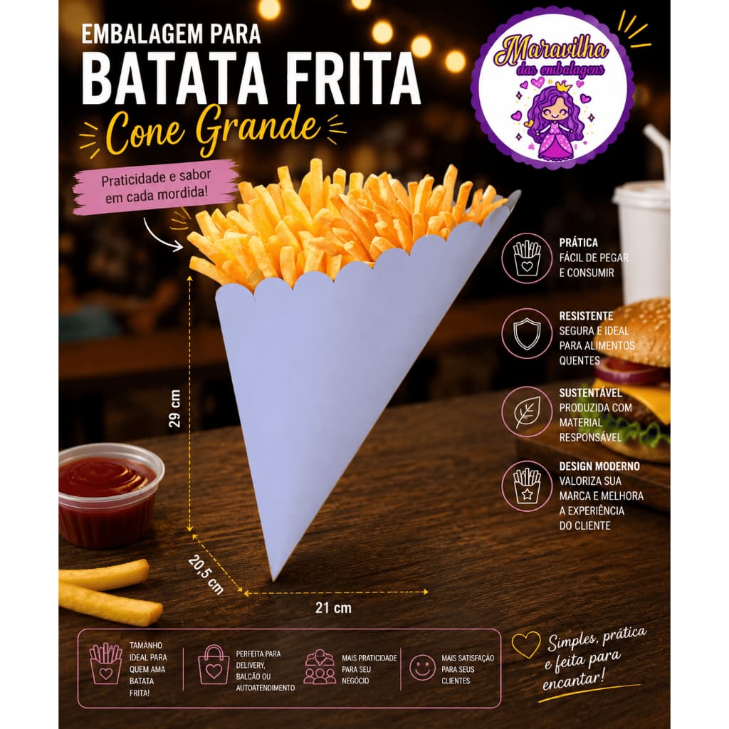 Embalagem para Batata Frita Cone Grande em papel branco - 29x21x20,6 cm- Pacotes com 10 unidades