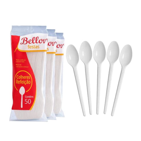 Kit com 6 pacotes Colher Refeição Descartável Branca Bello Festas Com 50 Un