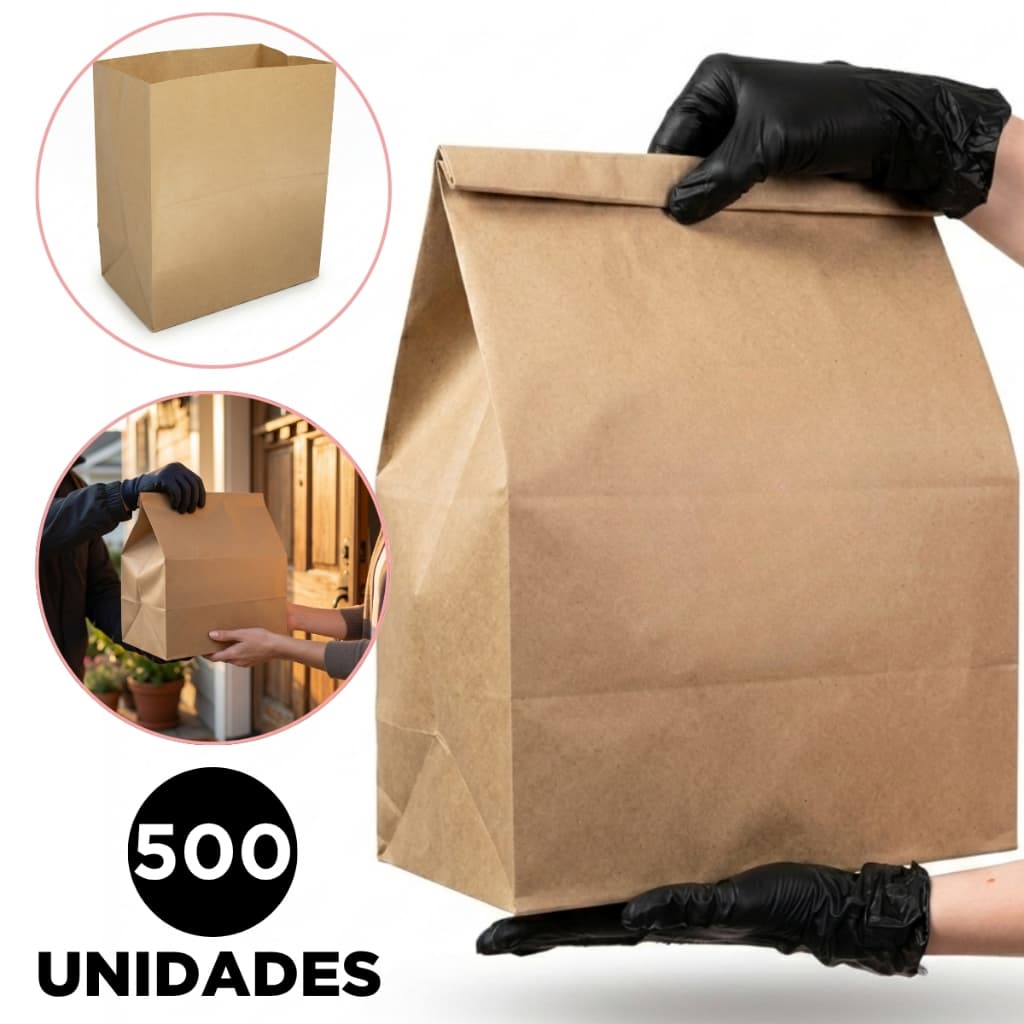 500 Sacos De Papel Kraft 35 x 30 x 18 cm Tamanho GG Delivery Hamburguer Lanches