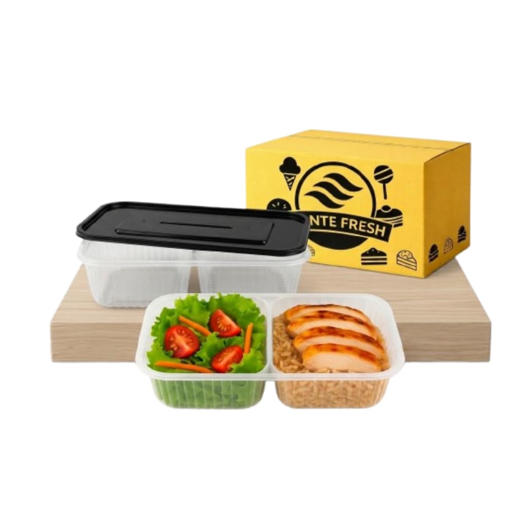 Pote 400ml Retangulares Descartáveis Com Tampa PRETA MARMITA COM DIVISORIA Delivery Comida Quente e Fria  20 UN