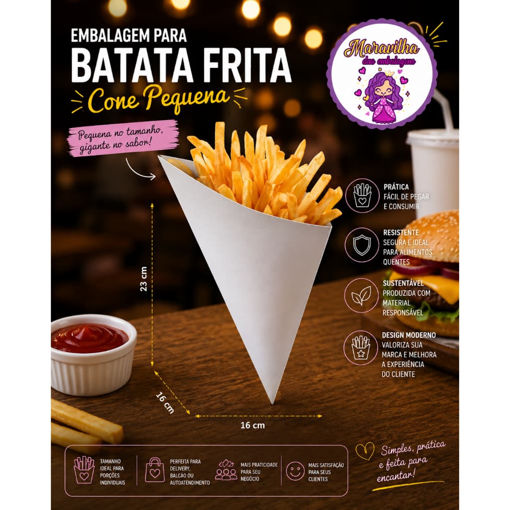 Embalagem para Batata Frita Cone Pequena em papel branco - 23x16x16 cm - Pacote com 10 unidades
