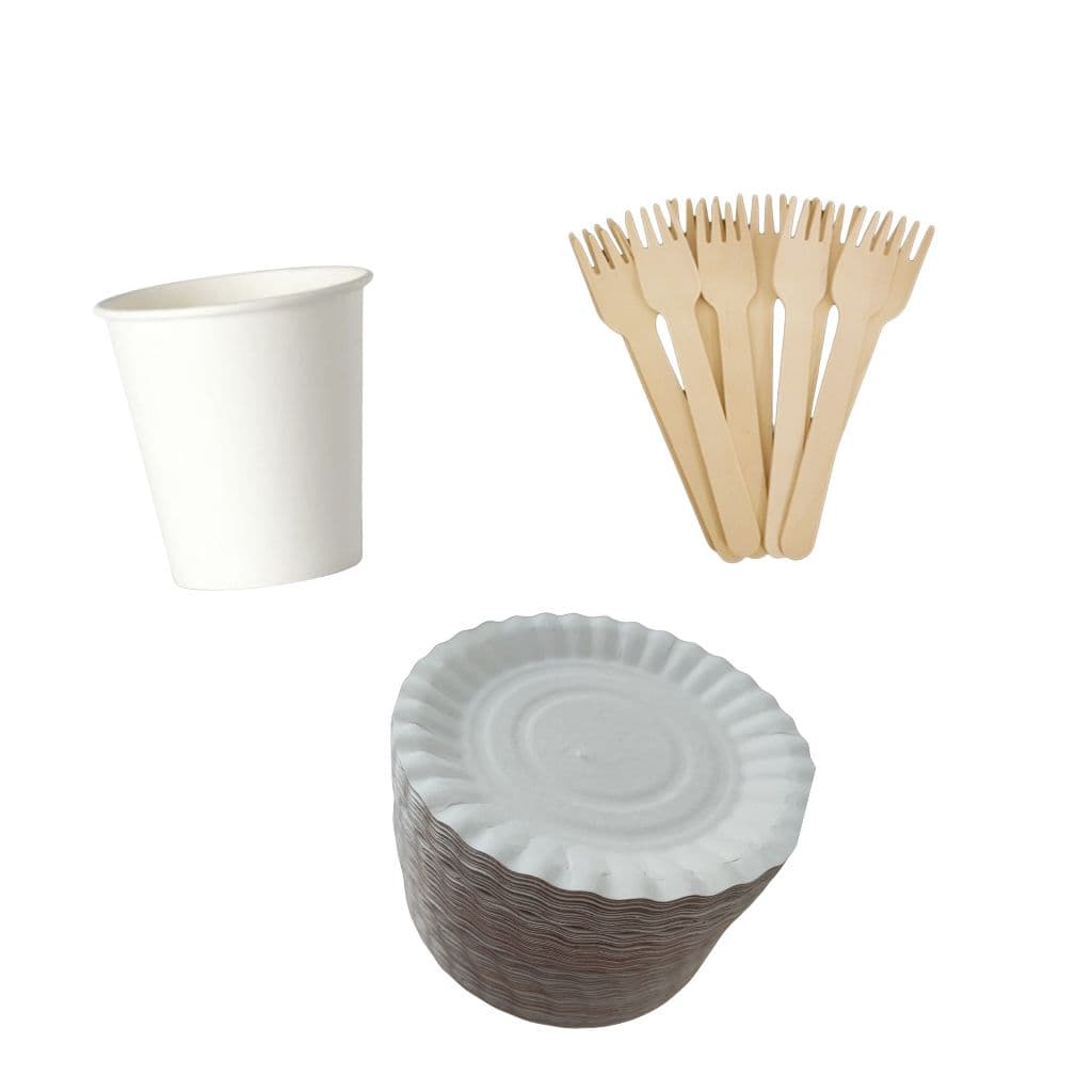 KIT FESTA COM PRATO BIODEGRADÁVEL, GARFOS DE MADEIRA E COPO DE PAPEL