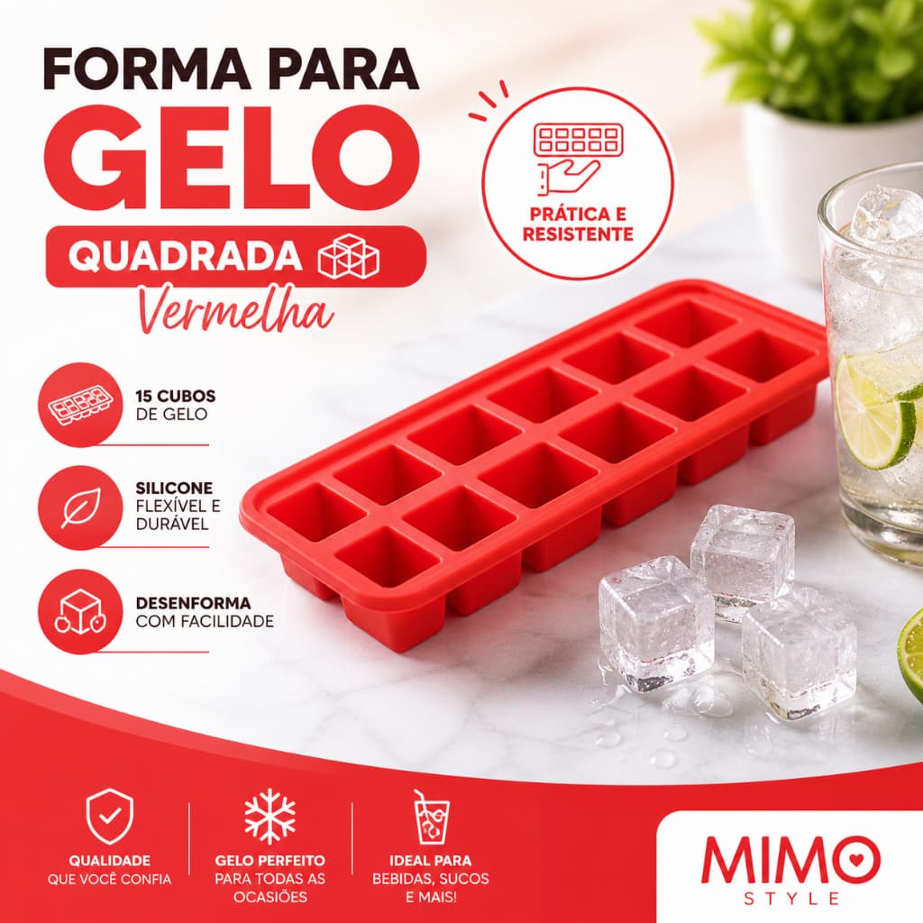 Forma de Gelo Vermelha Silicone 15 Cubos Quadrados Antiaderente Mimo Style Premium