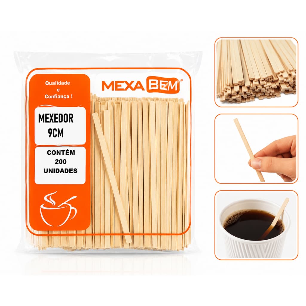 Mexedor De Café Madeira 9cm C/200 Unidades Biodegradável Resistente Mexa Bem