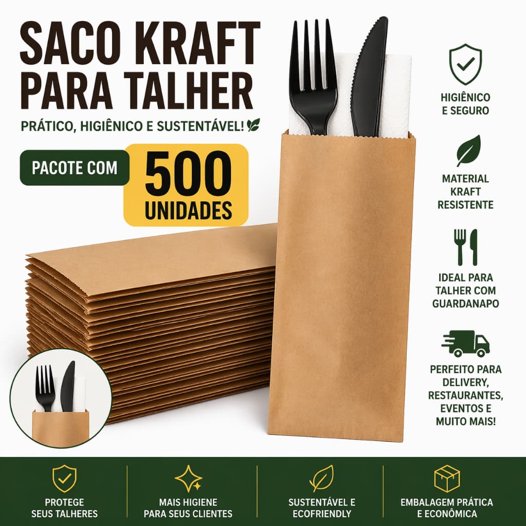 Saco Kraft Talher 500 Unidades Embalagem Delivery Garfo Faca Guardanapo Top