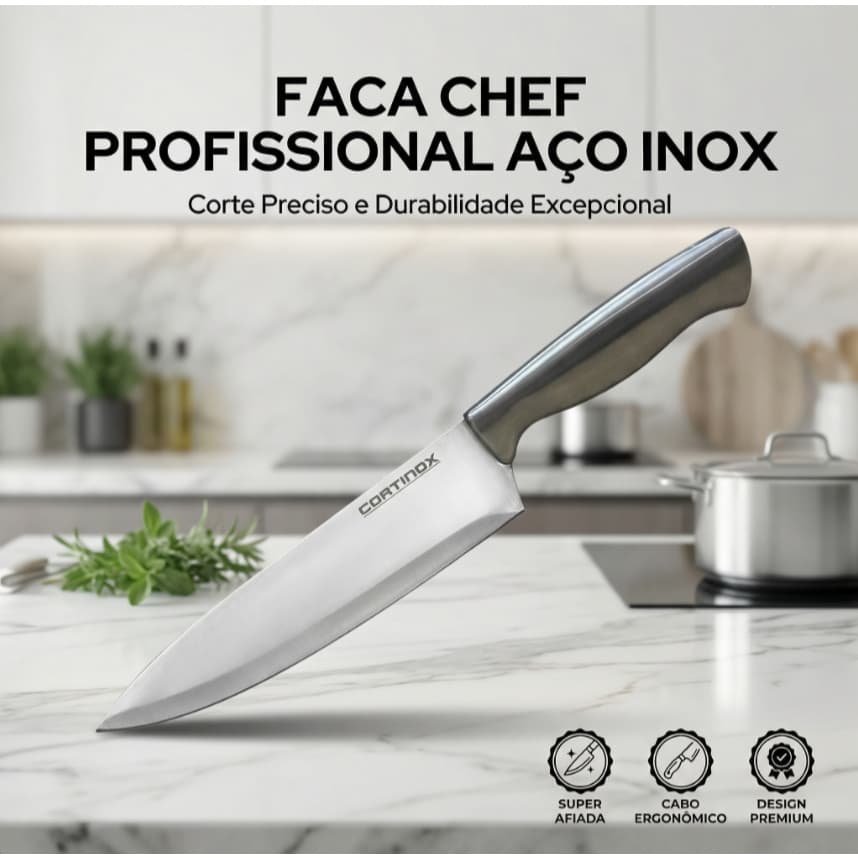 Faca Chef Shine 8" Profissional Aço Inox 33cm Integral Super Afiada para Churrasco Legumes Cozinha