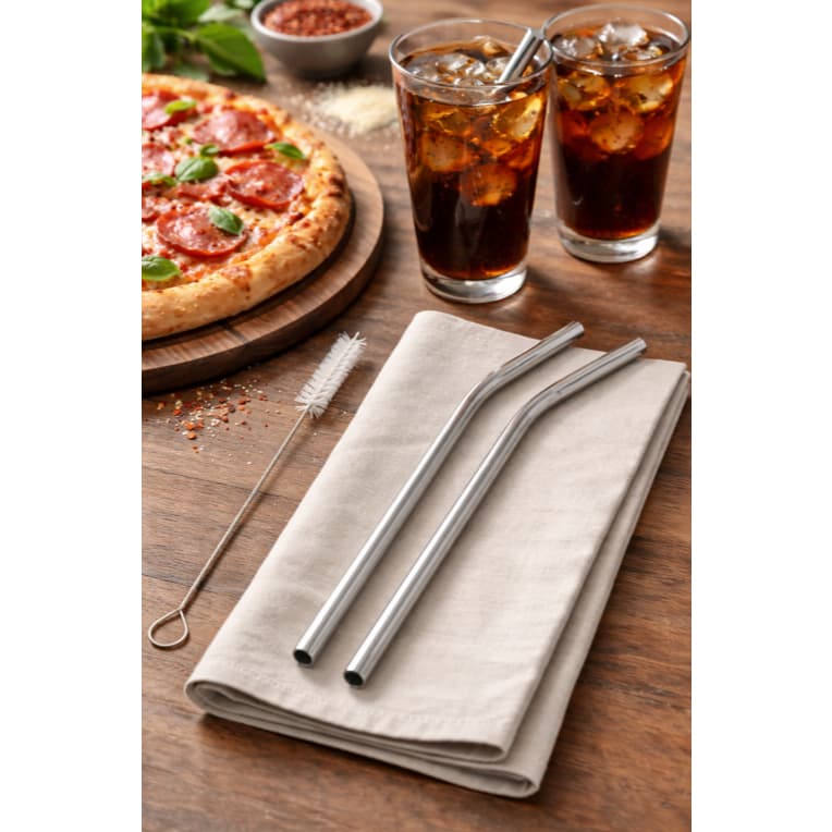 Kit Canudos Reutilizáveis Inox Curvos  com Escova de Limpeza Sustentável e Durável Bebidas Refrigerantes Sucos Drinks
