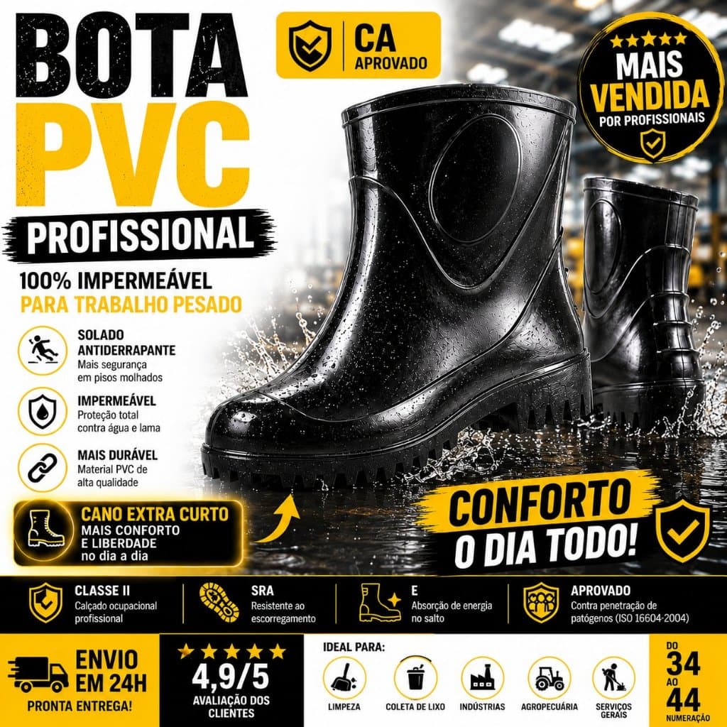 Bota Galocha PVC Impermeável Cano Curto Preta Antiderrapante EPI Chuva Limpeza Trabalho Motoboy