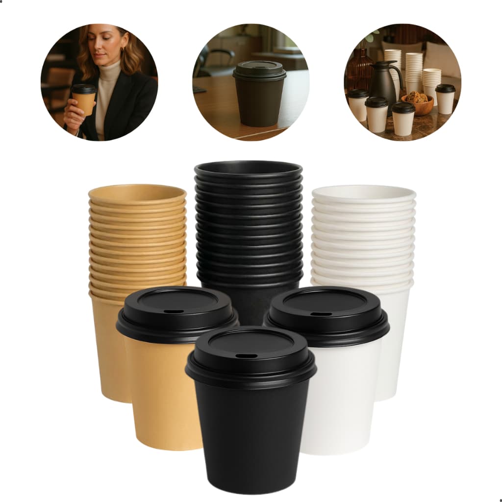 COPO DE PAPEL CAFÉ E CHÁS COM TAMPA BIODEGRADÁVEL VARIAS CORES 200ml 100UN