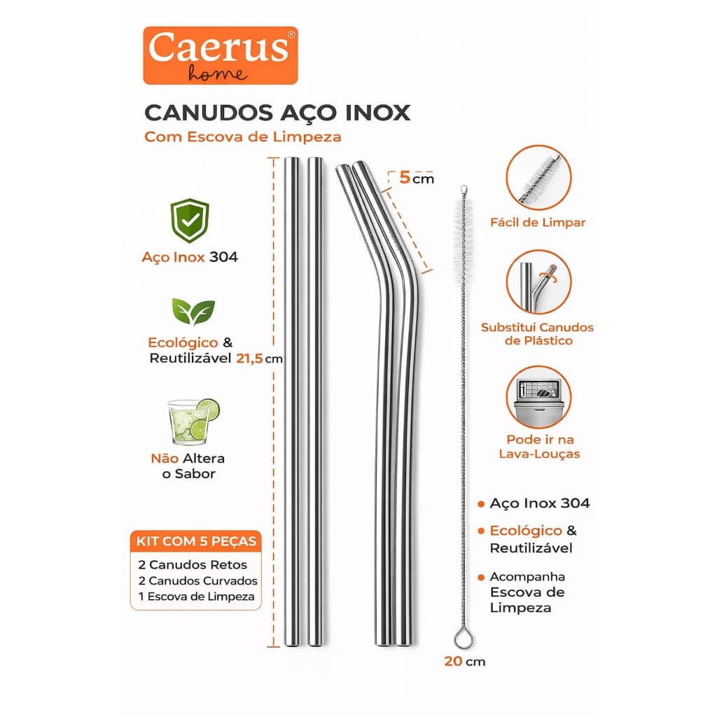 Kit 5 Canudos Inox Reutilizáveis com Escova Limpeza