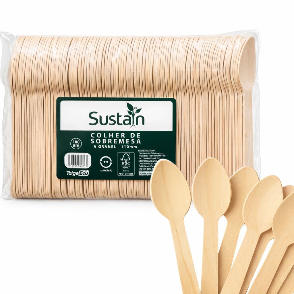 Colher Sobremesa de Madeira Descartável Biodegradável com (granel) 11 cm - Talge