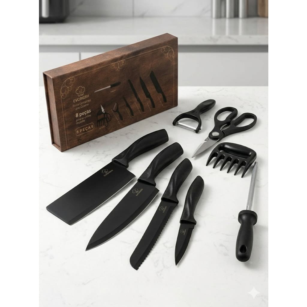 Conjunto De Facas Profissional Chef 8 Peças Aço Inox Churrasco Cozinha Premium Estojo Completo