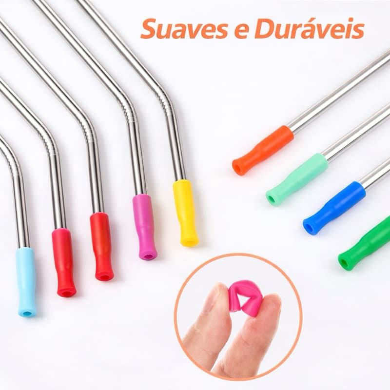 4 Canudos de Inox Reutilizável com ponta de silicone com Escova de Limpeza e Estojo – 5 Peças