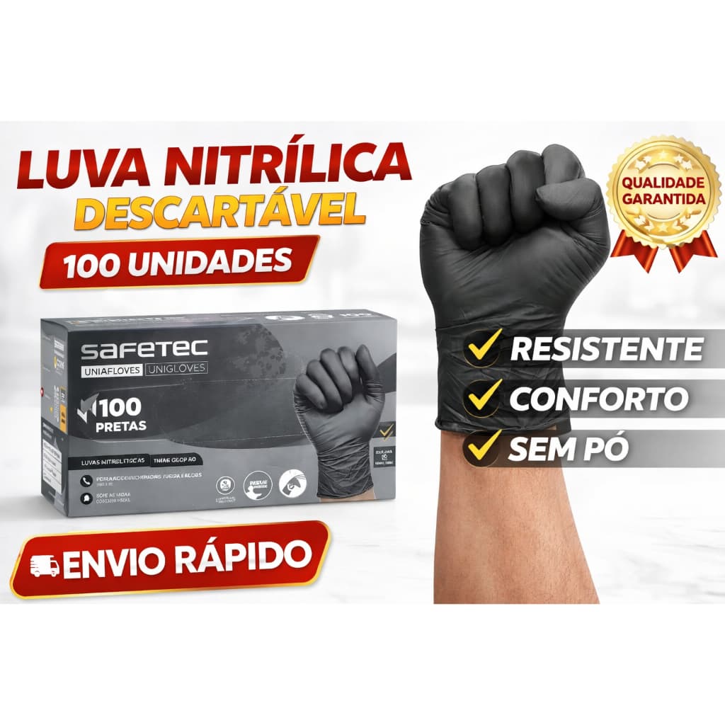 Luva Nitrílica Preta estética automotiva Tatuagem Mecânica Cozinha Limpeza | Descartável 100un sem pó| Safetec UniGloves