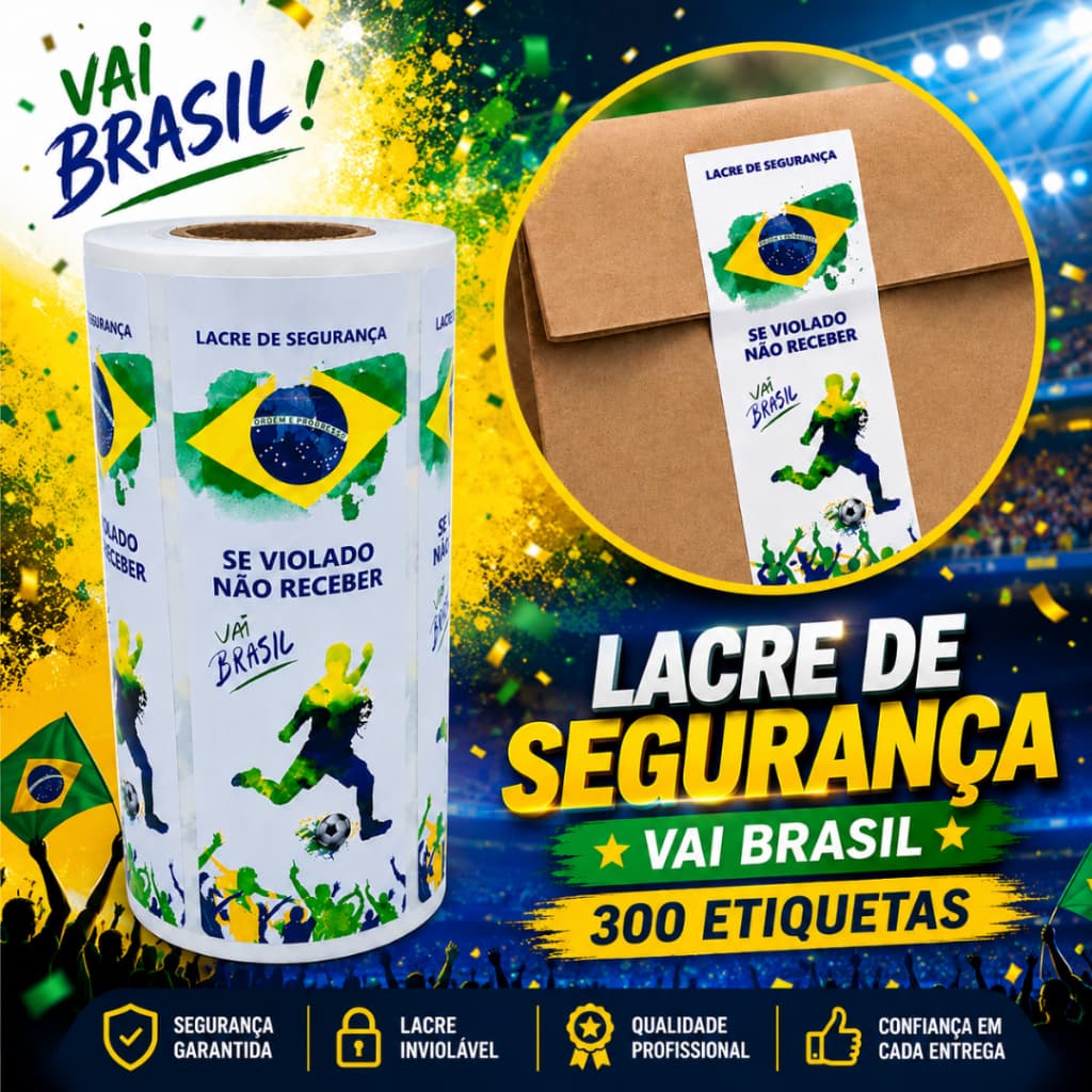 Adesivo Lacre de Segurança Delivery Vai Brasil | 300 Etiquetas Adesivas Copa do Mundo 100x34mm