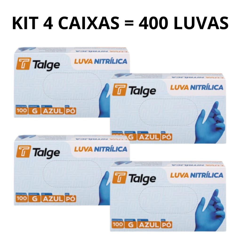 Kit 4 X 100 Caixas Luva Nitrílica Sem Pó Azul Blue 400 Unidades P M G