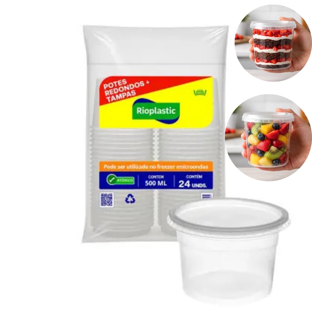 Kit 24 Potes Descartáveis com Tampa 500 ml Ideal para Delivery e Marmitas