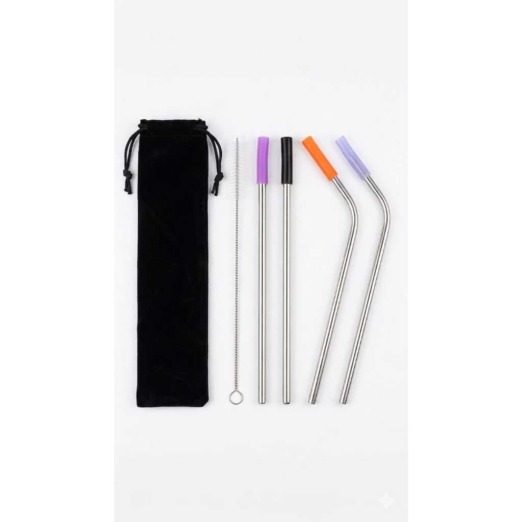 Kit 4 Canudos Inox Reutilizável com Ponta Silicone + Escova Limpeza + Estojo Portátil Ecológico