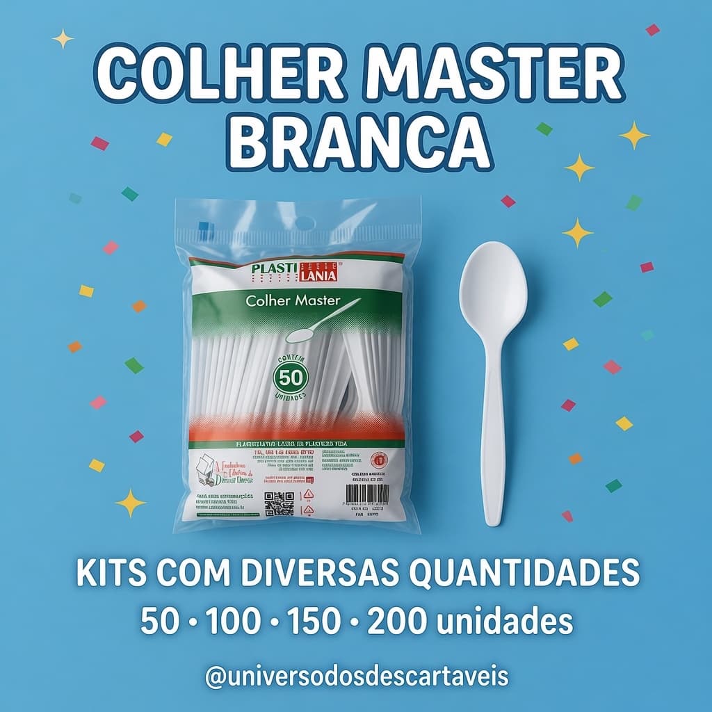 Colher de Refeição Master Descartável Reforçada 18cm Branca Premium | Kits 50 100 150 200 Unidades | Festas, delivery