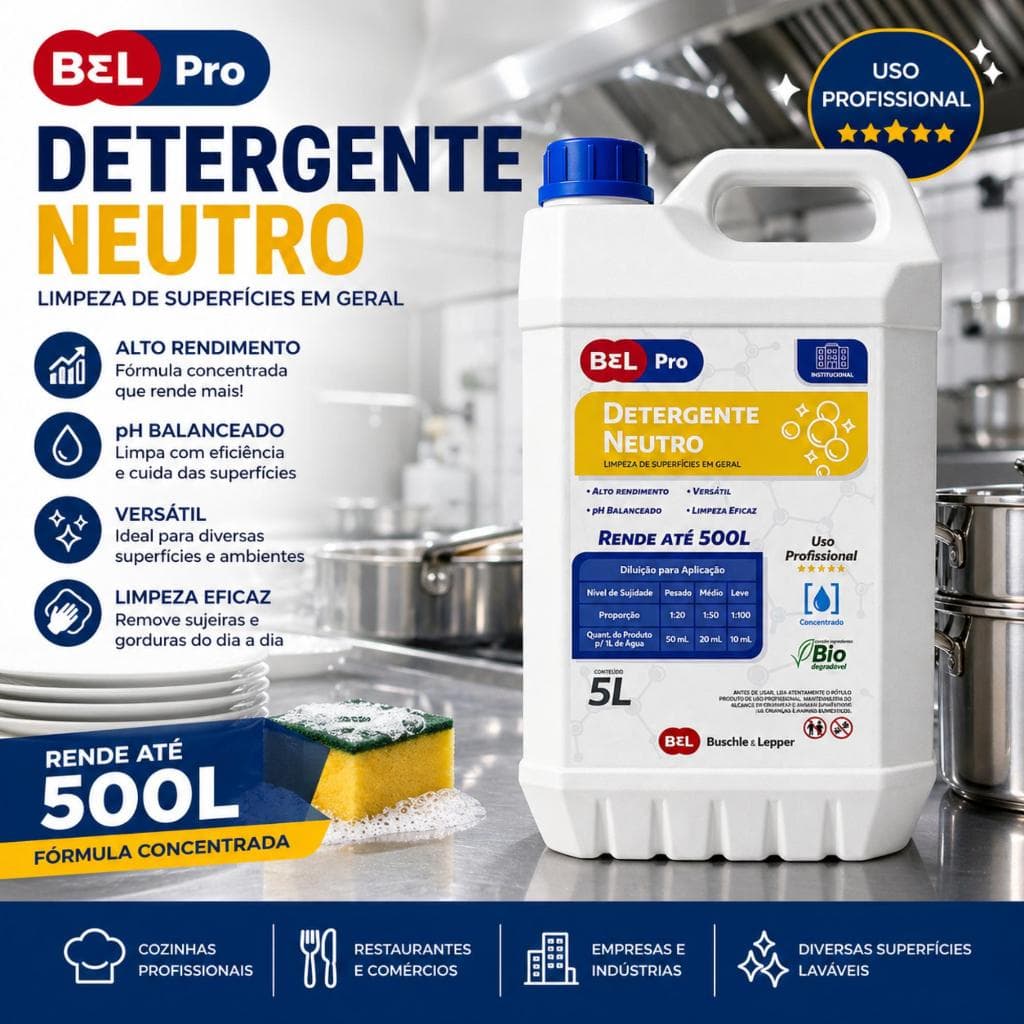 Detergente Neutro 5L Concentrado Bel Pro Desengordurante Limpeza Pesada Cozinha Industrial Rende 1000L