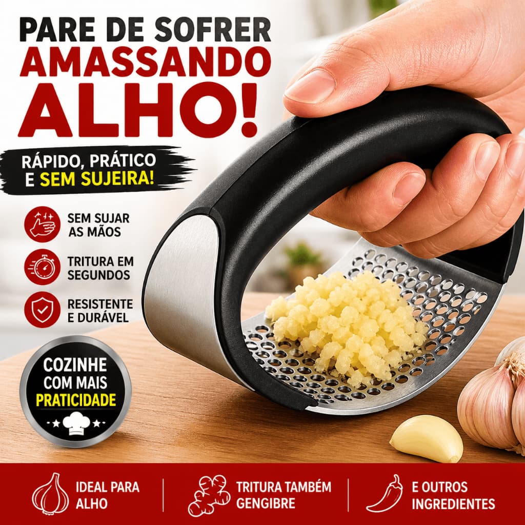 Espremedor de Alho Inox Profissional Triturador Manual Ergonômico Fácil de Usar Resistente Cozinha