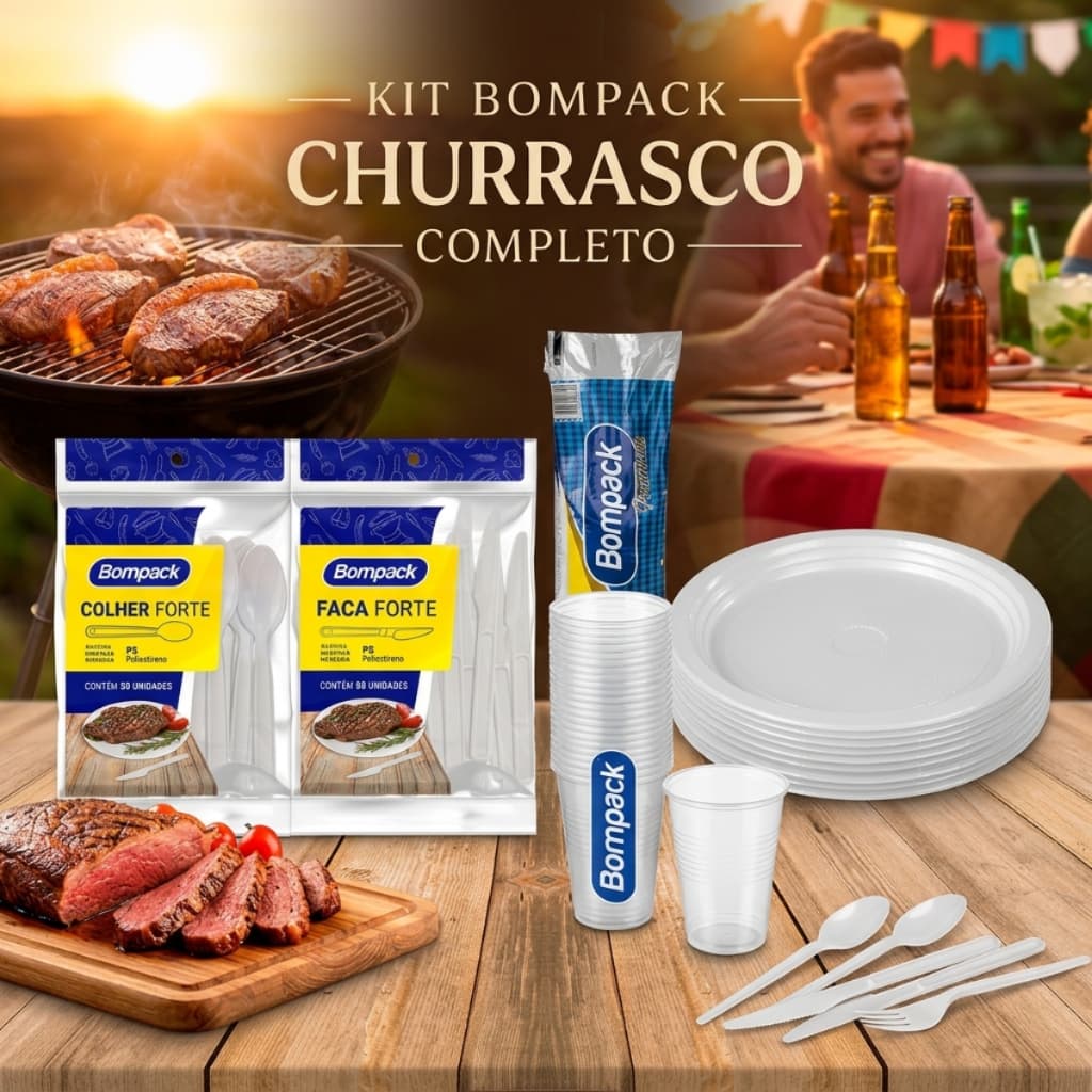 Kit Churrasco Festa Descartável Branco Prato Garfo Colher Faca Copo de 300ml Reforçado Refeição Casa