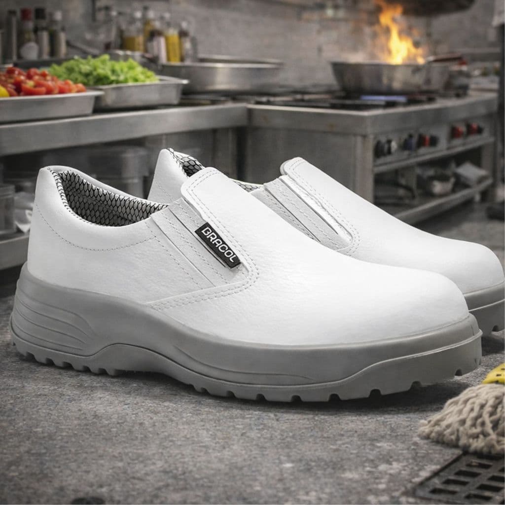 Sapato de Elástico Bracol Segurança Antiderrapante Couro Branco Industria Uso Geral Epi 4021RTES4600LL Cozinha Bico Pvc
