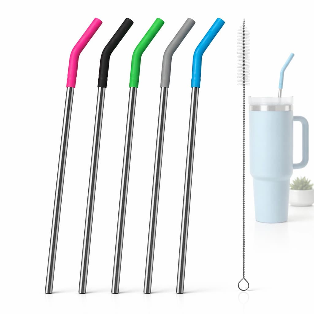 Kit Canudo Inox 30cm Com Ponta De Silicone + Escova Limpeza Reutilizável Compatível 1200ml Quencher