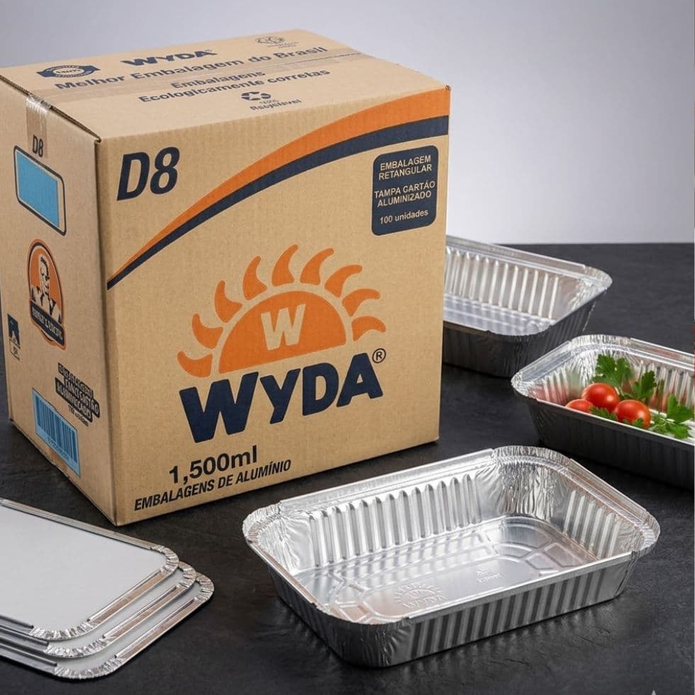 100 Bandeja de Alúminio Retangular 1500ml D8 Wyda com Tampa Aluminizada