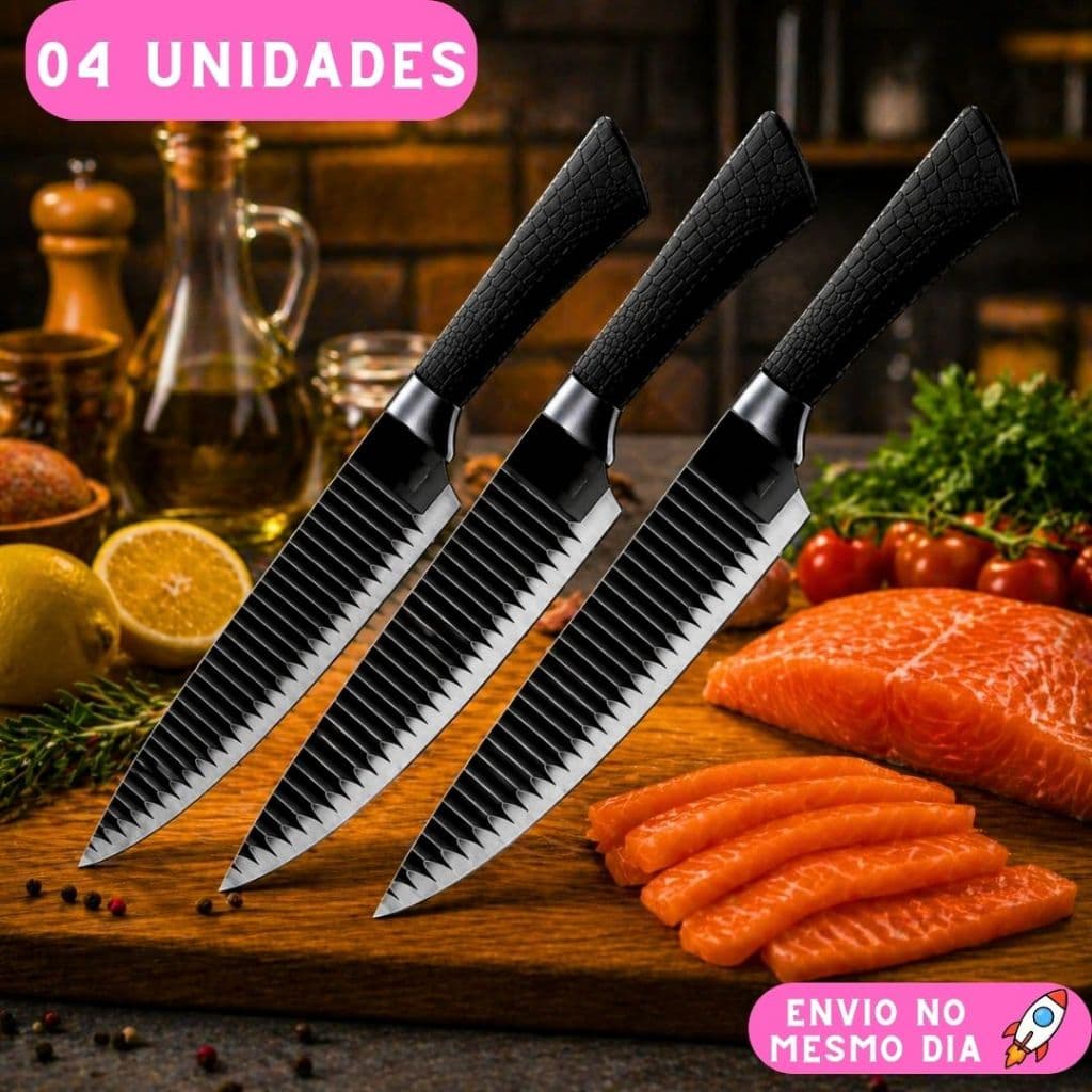 Kit 4 Faca Super Afiada Chef Shark Profissional para Peixe Carne Legumes Aço Inox Cozinha