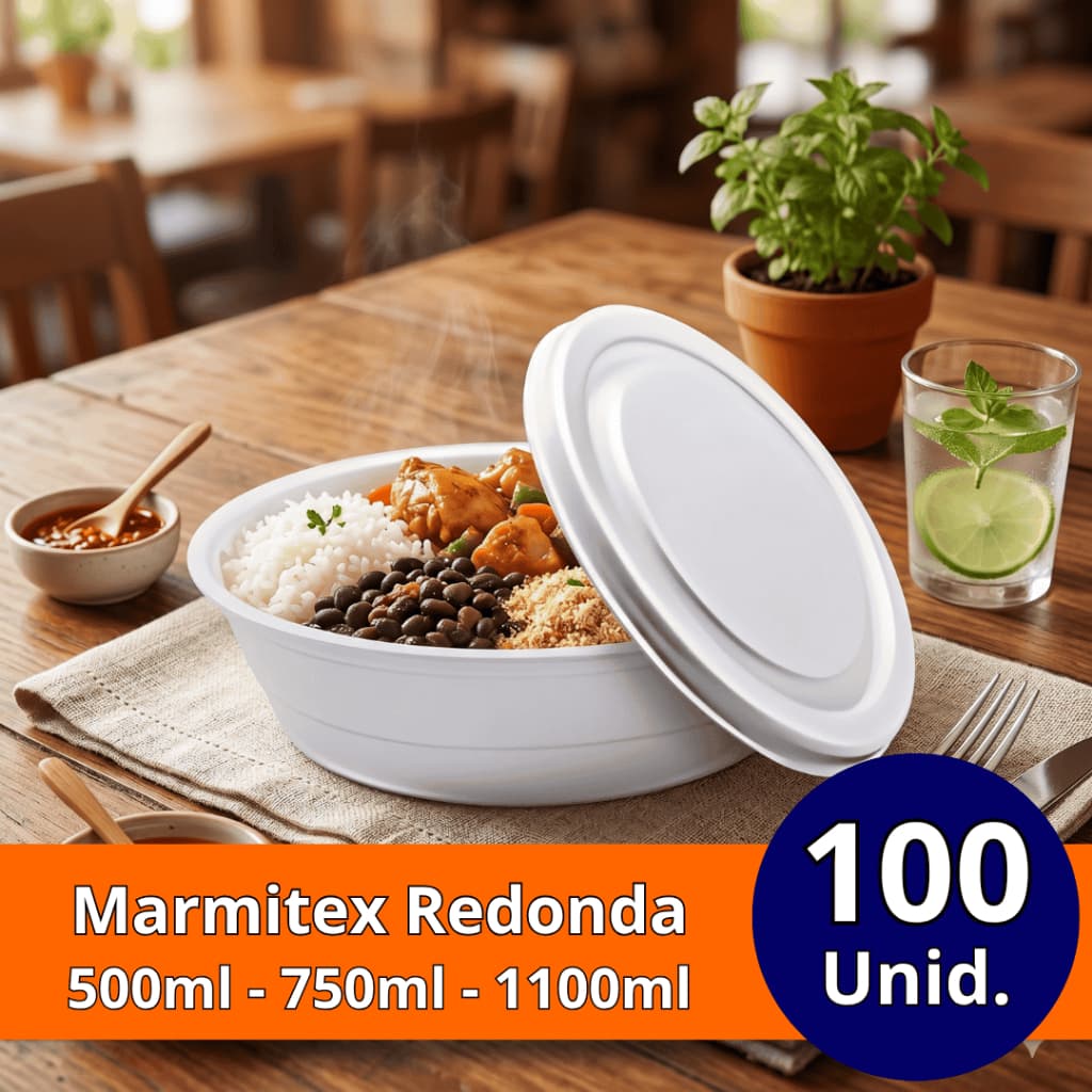Marmitex Isopor Redonda Refeição com Tampa 100 Unidades 500ml - 750ml - 1100ml