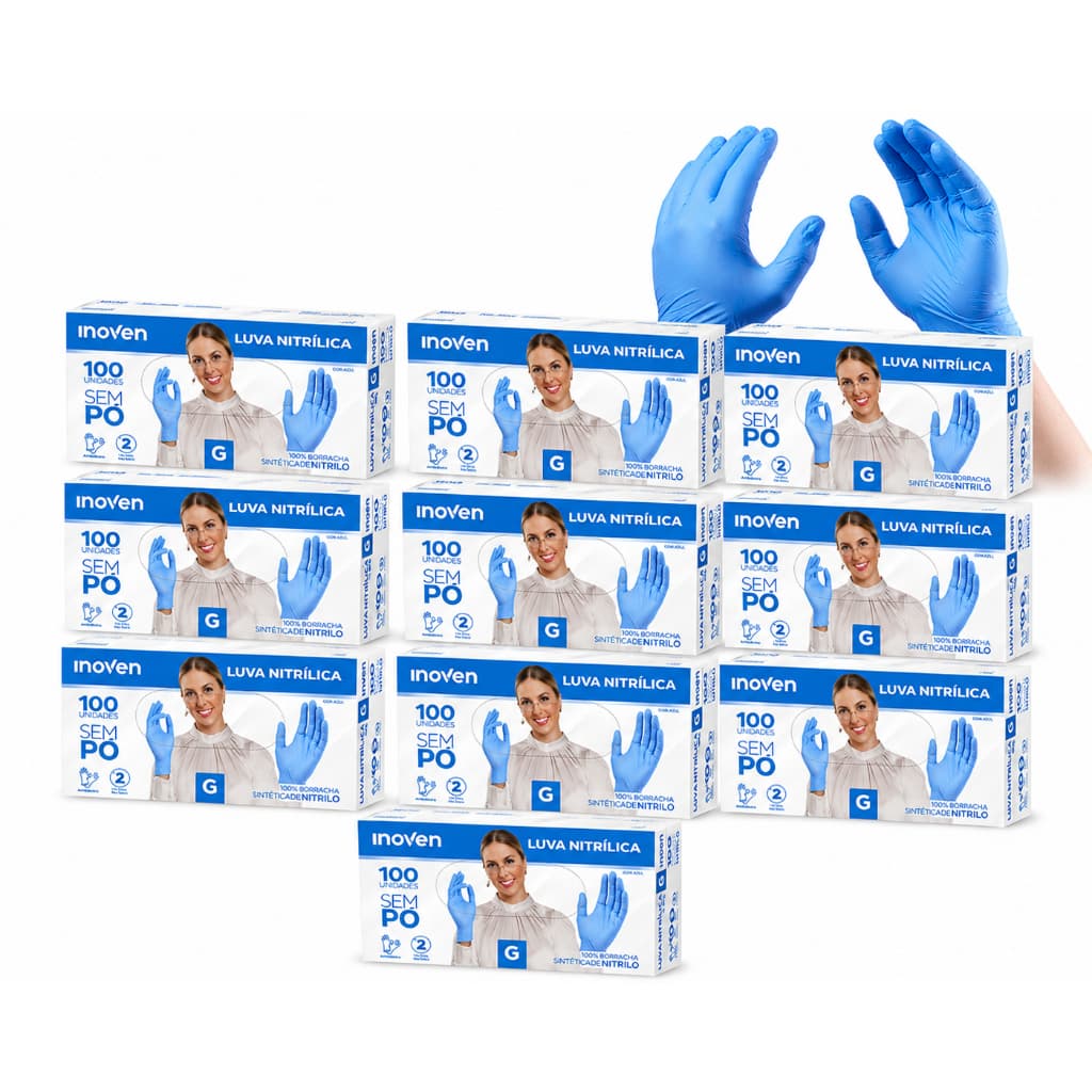 Kit Luva Nitrílica Azul sem pó Inoven - 1000 Unidades - (10X 100 UNDS) - Tamanho P, M, G e GG Descartável Caixas Medix