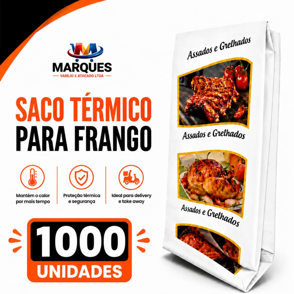 Saco Térmico para Frango Assado Delivery 1000 Unidades Embalagem Kraft Resistente