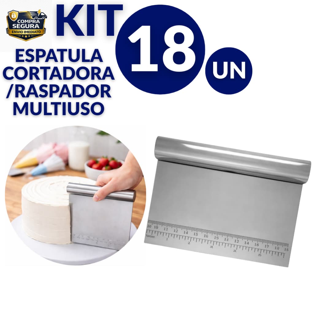 ESPÁTULA CORTADORA RASPADOR DE MASSA INOX COM RÉGUA RESISTENTE PÃO BOLO PIZZA CONFEITEIRO QUALIDADE