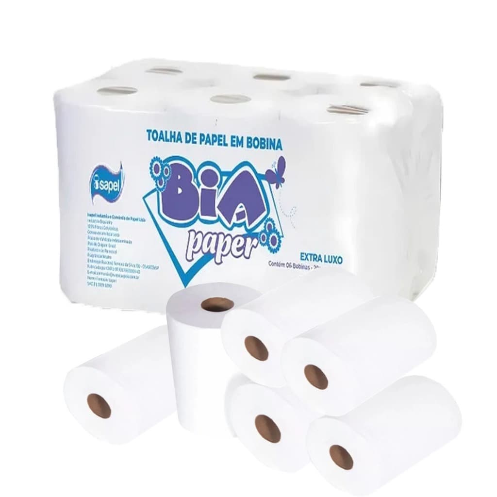 Papel Toalha Bobina Isapel Extra Luxo 200 metros 6 Rolo Celulose Virgem Branco Banheiro Cozinha Festa Dispenser Alavanca
