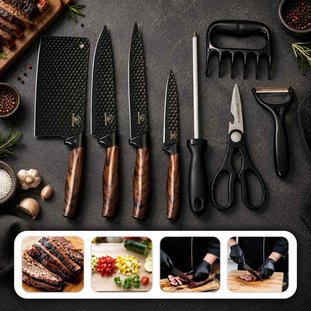 Kit Conjunto De Facas Churrasco 8 Peças Aço Inox Premium Chef Profissional Gourmet Corte Navalha armário cozinha