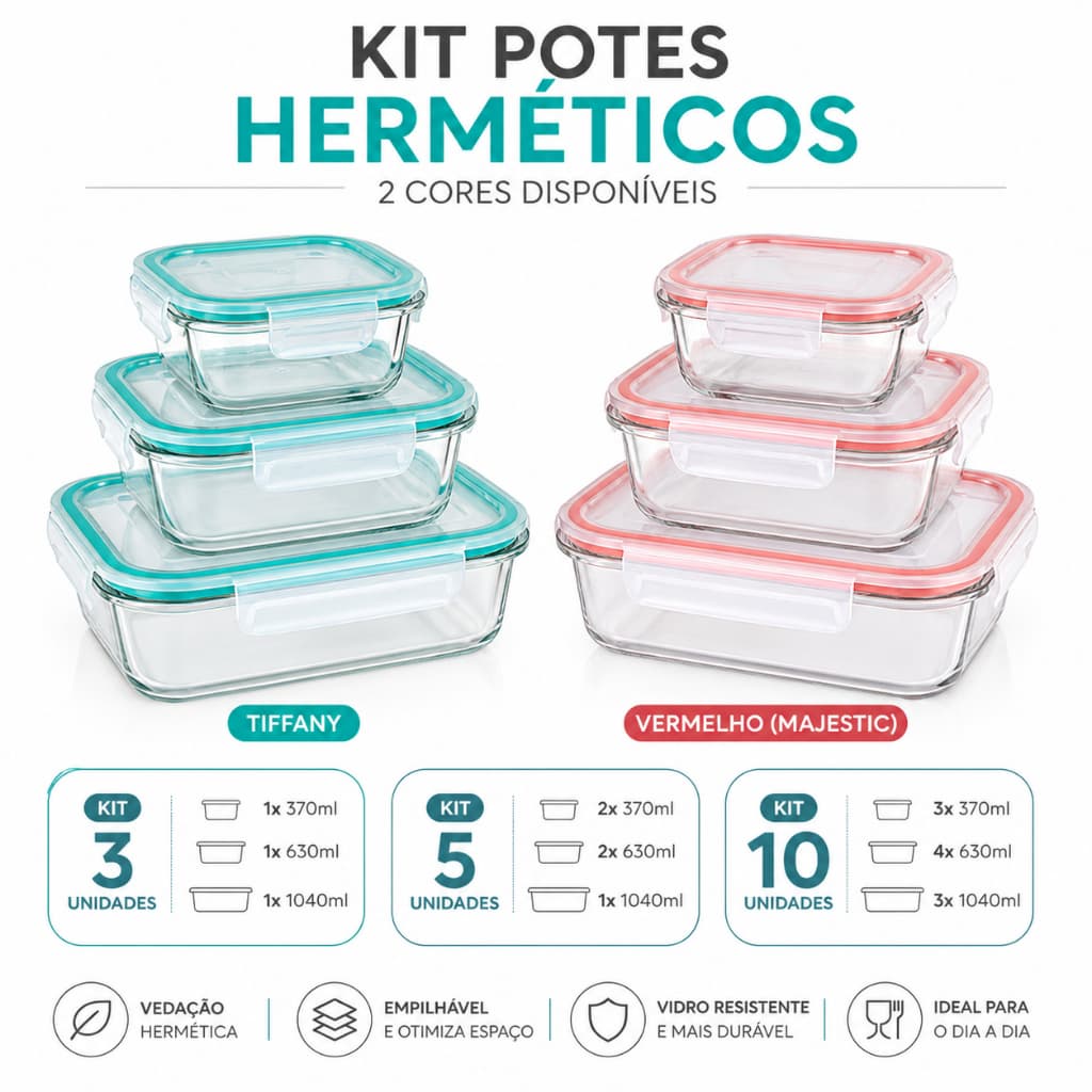 Kit Potes Herméticos de Vidro com Tampa Trava Retangular ou Quadrado Combo 3, 4 ou 5 e 10 Peças