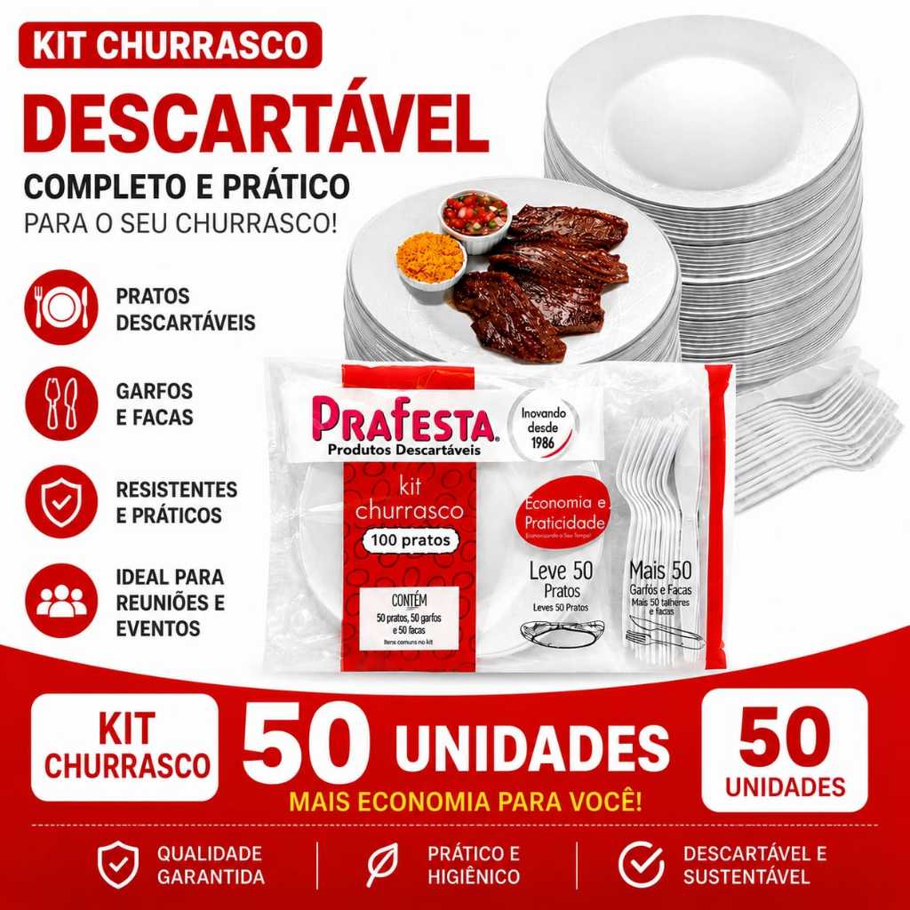 50conj Kit Churrasco Descartável Reforçado E Resistente Prato/Faca/Garfo -PRAFESTA