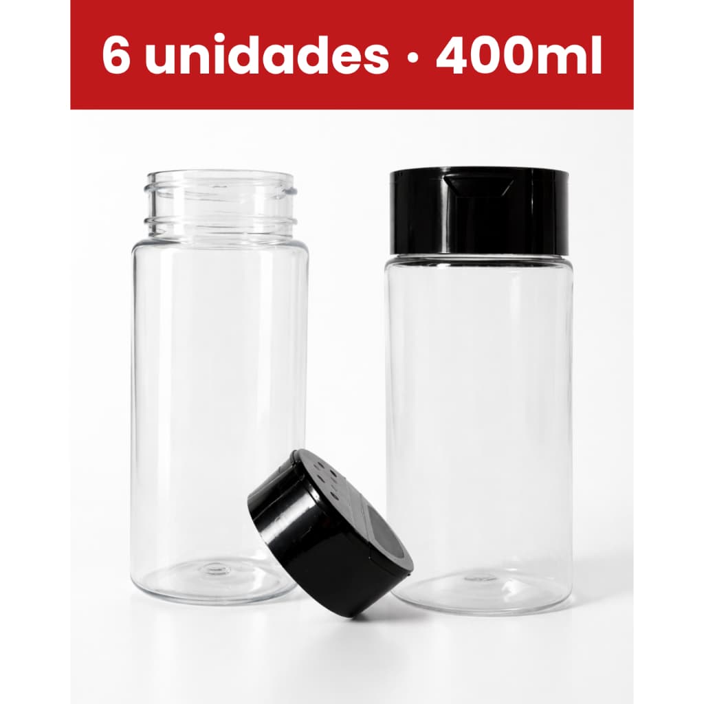 6 Potes para Tempero 400ml PET Alto com Tampa Dosadora Flip Top Preta