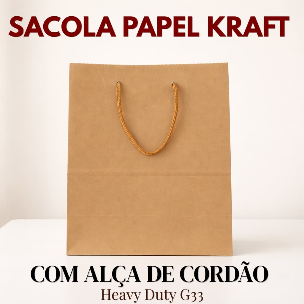 Sacola Papel Kraft G Alça de Cordão 24x14,5x33cm Delivery Lojas Roupas Presentes HD G33