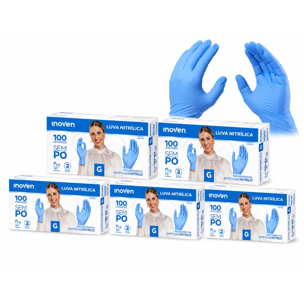 Combo Luva Nitrílica Azul sem Pó Inoven - Kit 500 unidades (5 X 100 UNDS) - Tam P, M e G Descartável Caixas Procedim