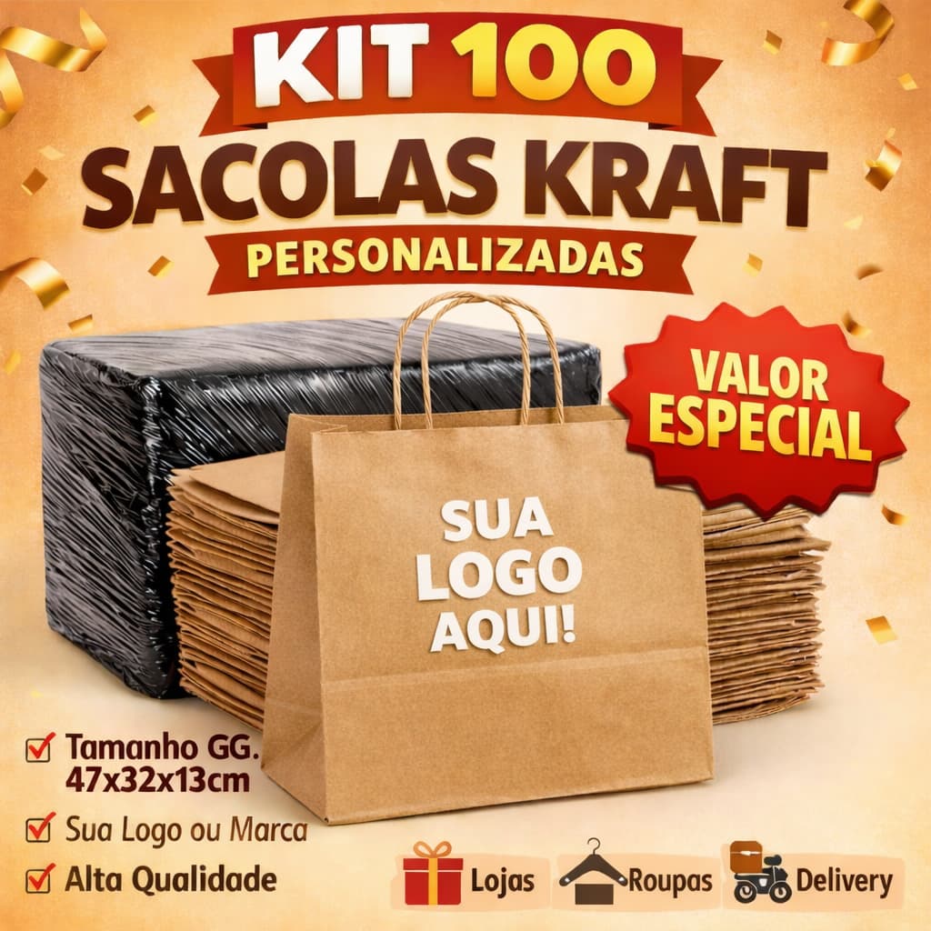 Kit de 100 Sacolas Kraft Personalizadas GG 47x32x13cm Reforçada, Alça Torcida, para Lojas e Delivery