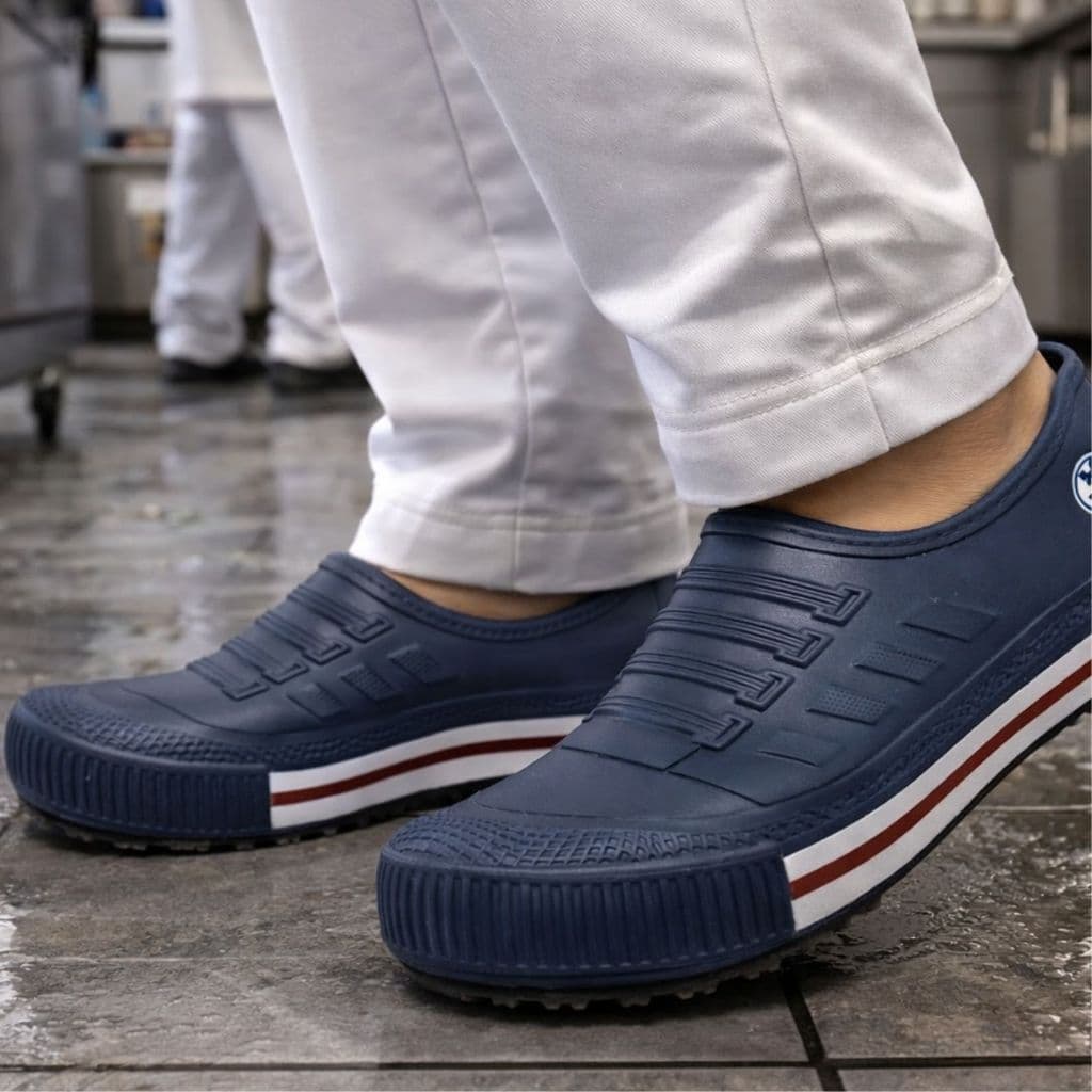 Sapato Antiderrapante BB81 Softworks Azul Marinho com Vermelho e Branco Profissional Cozinha Restaurante Limpeza Hotel