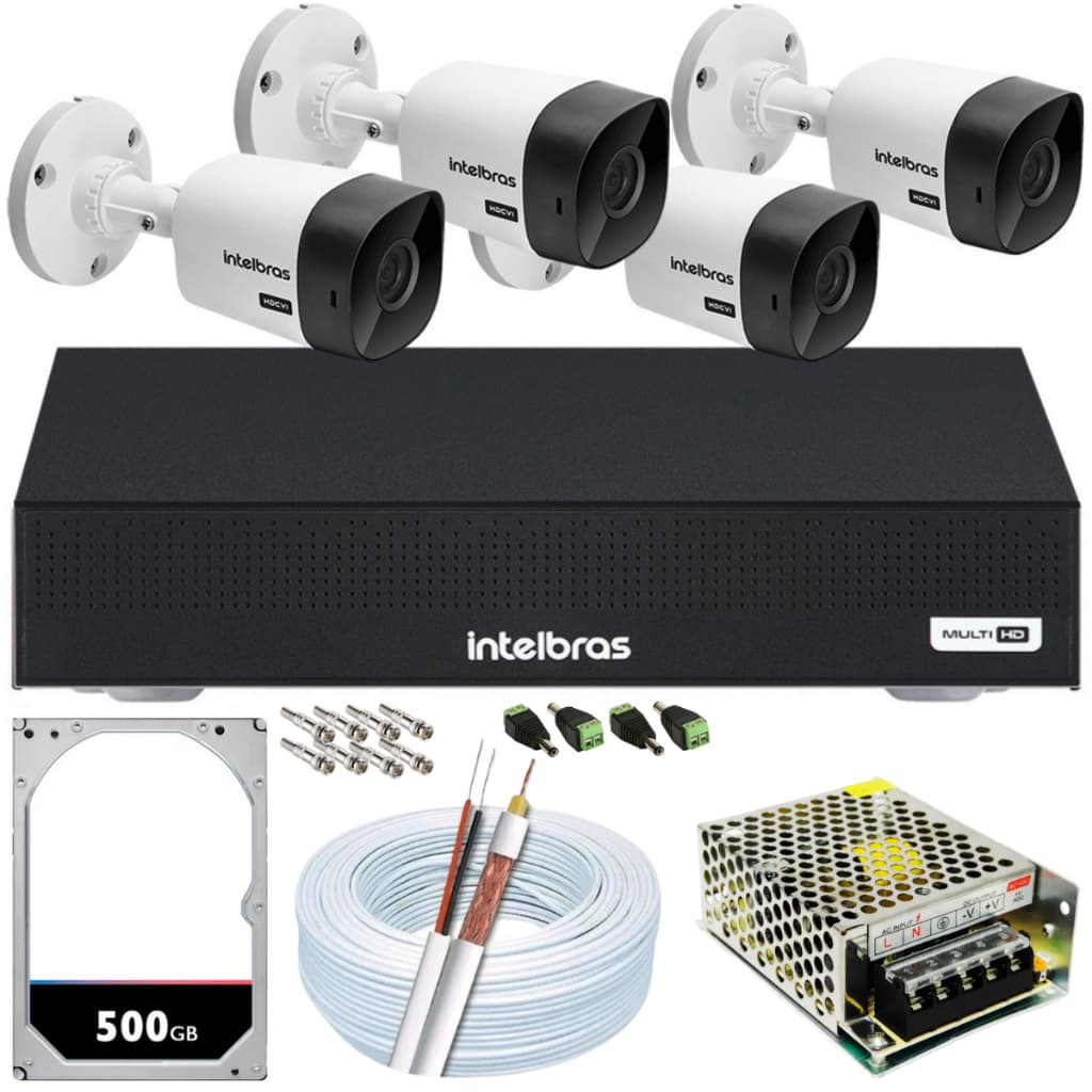 Kit Cftv Intelbras 4 Cameras Bullet VHL 1120B Com Dvr 8 Canais MHDX 1208-C