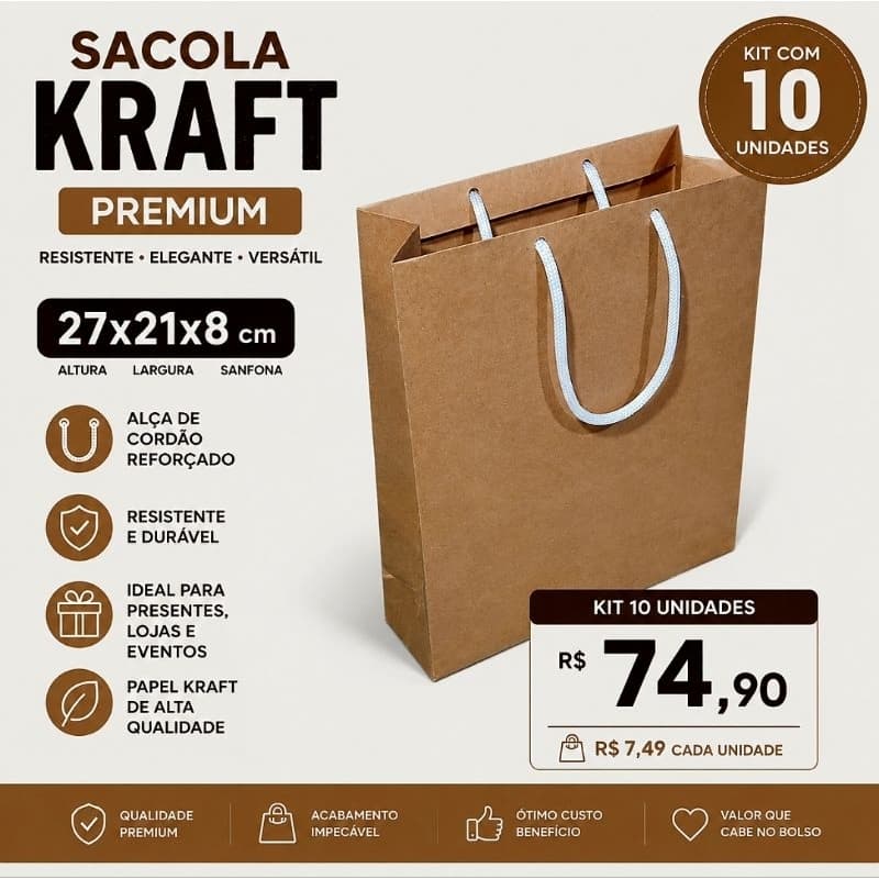 Sacola Kraft Premium 27x21x8 cm Com Alça de Cordão | Sacola Presente / Loja / Delivery