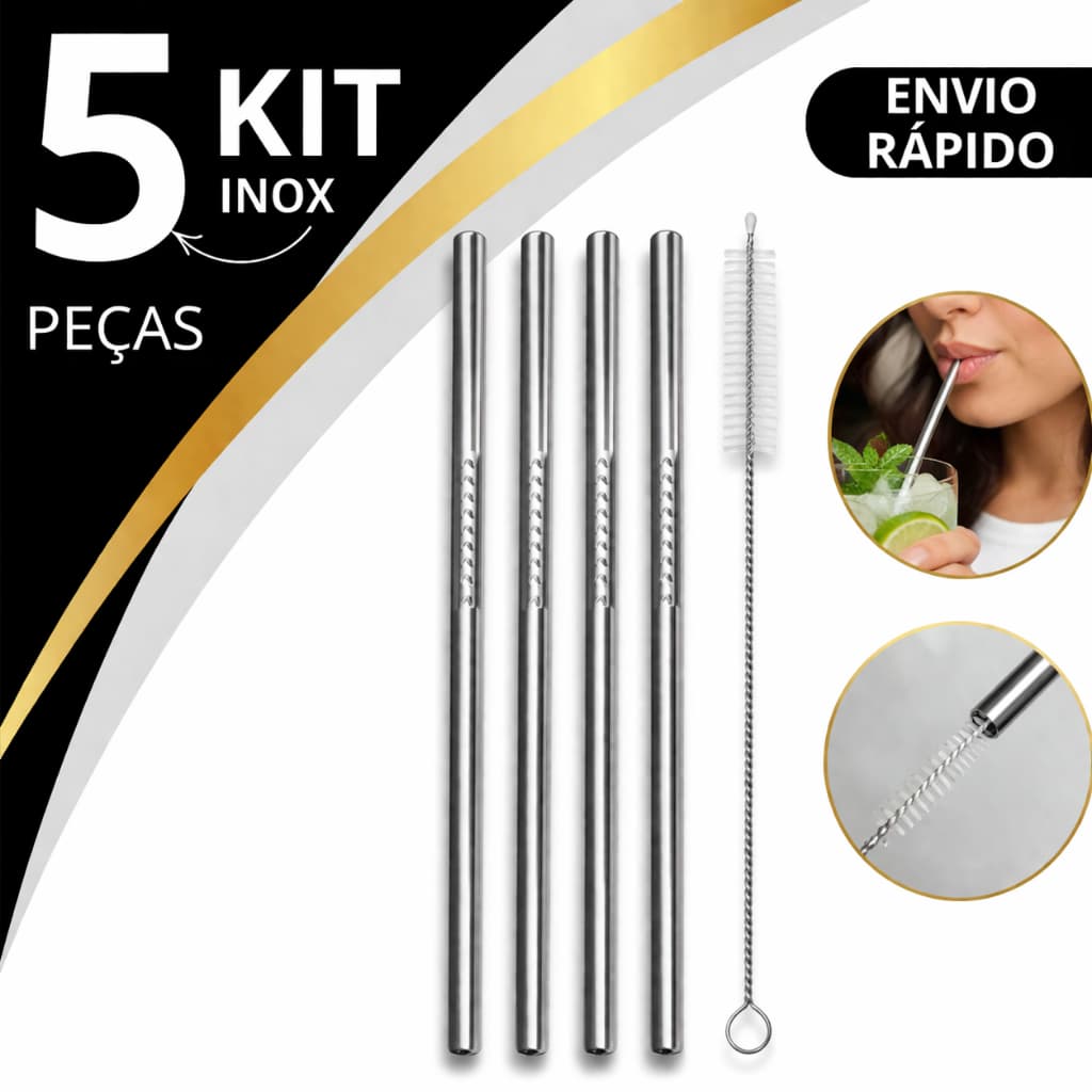 Kit 5 Peças Canudo Inox Reutilizável Ecológico Sustentável Com Escova Limpeza Inox