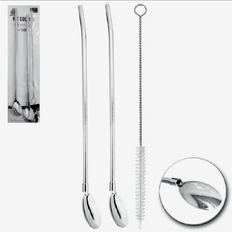 Kit com 2 Canudos Colher 2 em 1 Reutilizáveis de Aço Inox com Escova para Sucos Drinks e Vitaminas